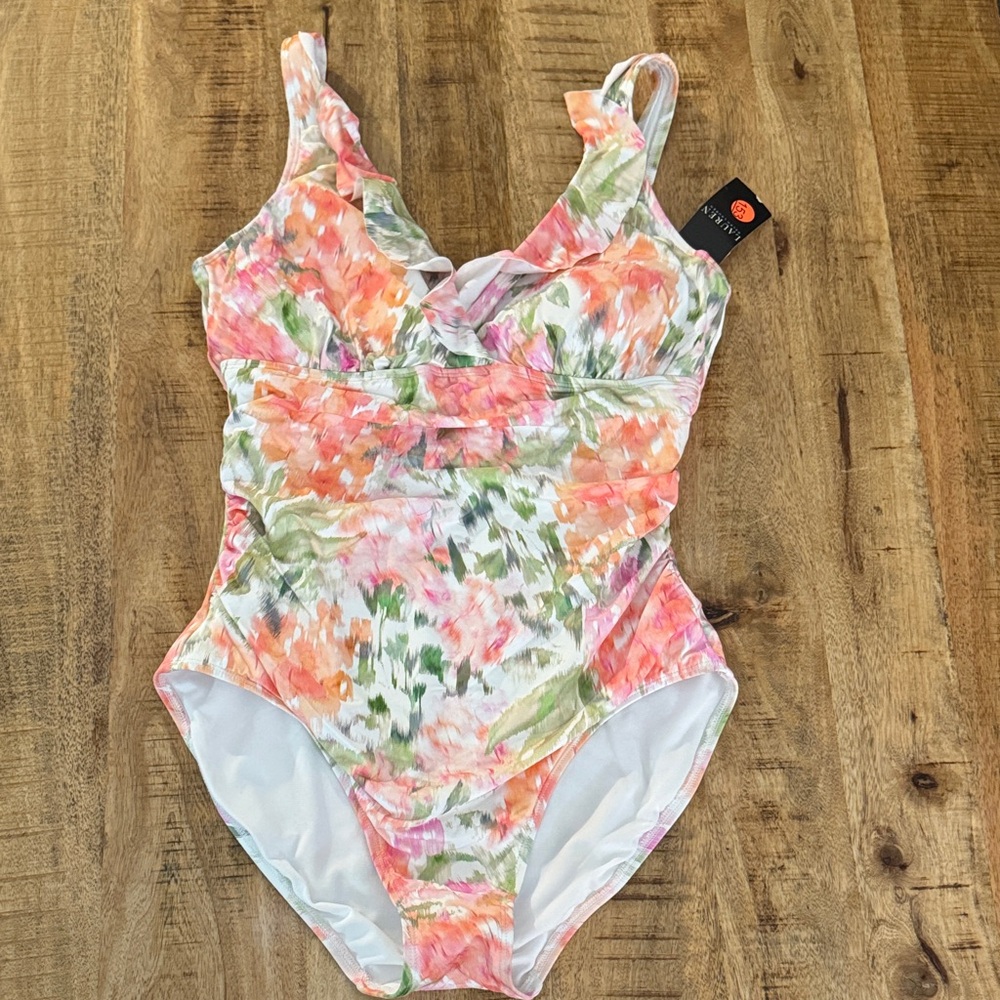 Lauren Ralph Lauren pastel Floral One Piece Swimsuit swim bathing suit 14 NWT